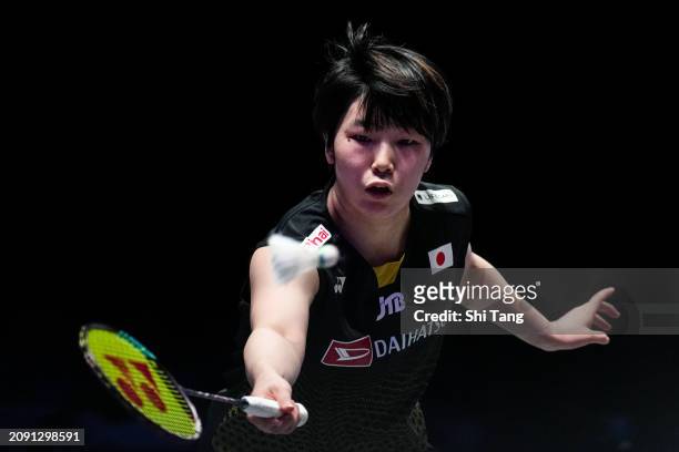 March 17: Akane Yamaguchi of Japan competes in the Women's Single Final match against Carolina Marin of Spain during day six of the Yonex All England...