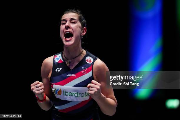 March 17: Carolina Marin of Spain celebrates the victory in the Women's Single Final match against Akane Yamaguchi of Japan during day six of the...
