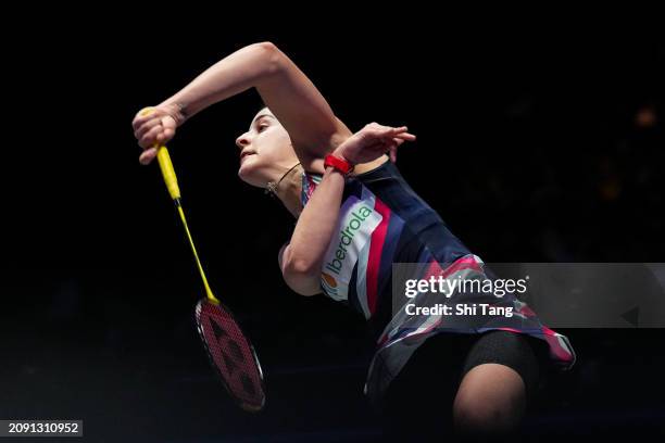 March 17: Carolina Marin of Spain competes in the Women's Single Final match against Akane Yamaguchi of Japan during day six of the Yonex All England...