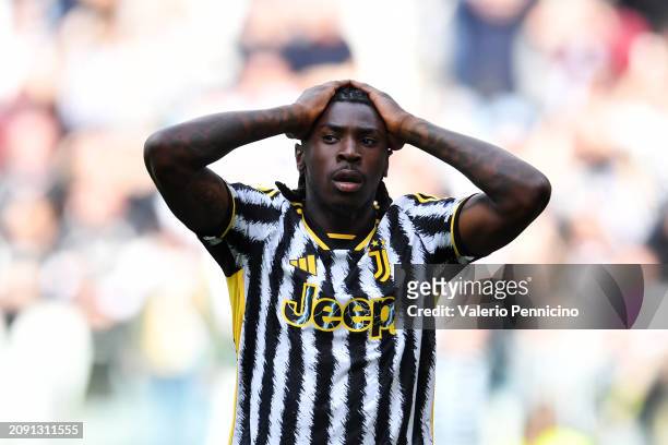 Moise Kean of Juventus reacts during the Serie A TIM match between Juventus and Genoa CFC at Allianz Stadium on March 17, 2024 in Turin, Italy.