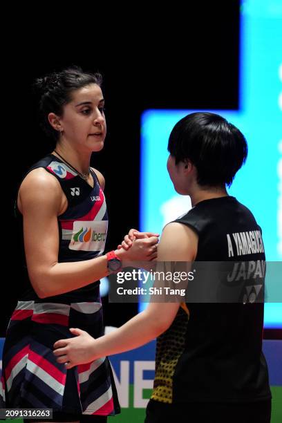 March 17: Carolina Marin of Spain greets Akane Yamaguchi of Japan after their Women's Single Final match during day six of the Yonex All England Open...