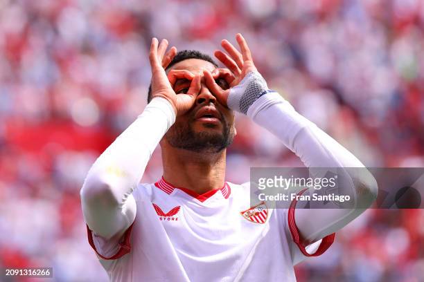 Yousseff En-Nesyri of Sevilla FC celebrates scoring his team's first goal during the LaLiga EA Sports match between Sevilla FC and Celta Vigo at...