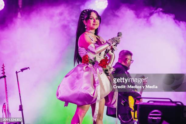 Denisse Guerrero singer of Belanova performs during the first day of Vive Latino 2024 festival at Autodromo Hermanos Rodriguez on March 16, 2024 in...
