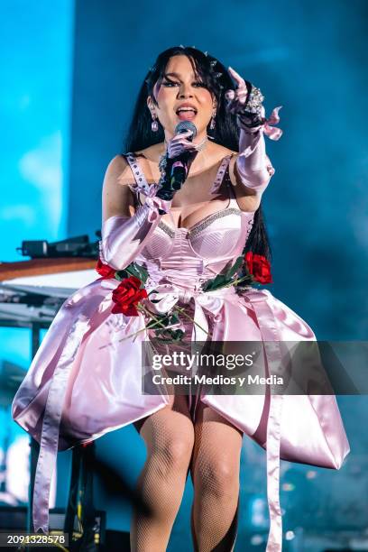 Denisse Guerrero singer of Belanova performs during the first day of Vive Latino 2024 festival at Autodromo Hermanos Rodriguez on March 16, 2024 in...