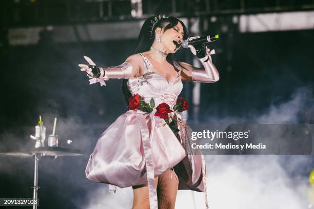 Denisse Guerrero singer of Belanova performs during the first day of Vive Latino 2024 festival at Autodromo Hermanos Rodriguez on March 16, 2024 in...