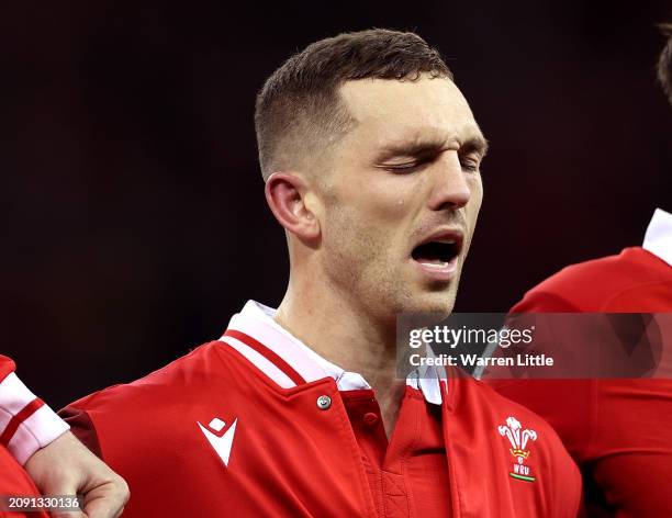 George North of Wales sheds a tear as he sings the national anthem in his last appearance for Wales ahead of the Guinness Six Nations 2024 match...