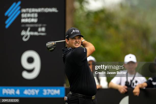 Patrick Reed of the United States tees off on hole 9 during the final round of International Series Macau at Macau Golf and Country Club on March 17,...