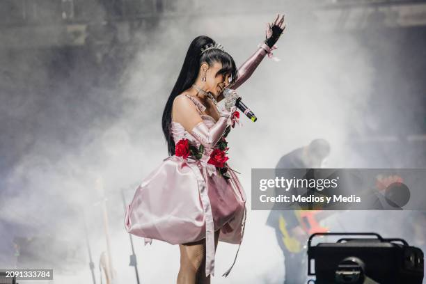 Denisse Guerrero singer of Belanova performs during the first day of Vive Latino 2024 festival at Autodromo Hermanos Rodriguez on March 16, 2024 in...