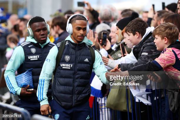 Crysencio Summerville of Leeds United arrives at the stadium prior to the Sky Bet Championship match between Leeds United and Millwall at Elland Road...
