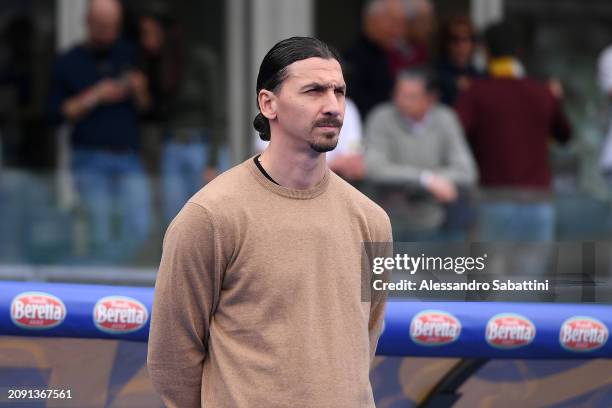 Zlatan Ibrahimovic looks on prior to the Serie A TIM match between Hellas Verona FC and AC Milan at Stadio Marcantonio Bentegodi on March 17, 2024 in...