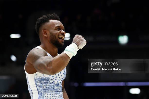 Courtney Tulloch of South Essex Gymnastics Club celebrates after finishing his routine in rings during Men's Artistic Senior - Apparatus Final on day...