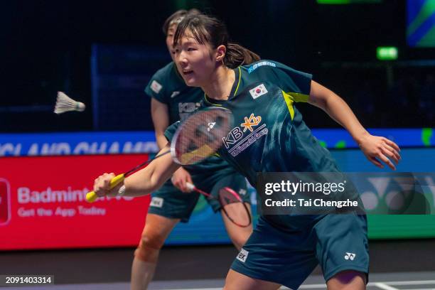 Baek Ha-na and Lee So-hee of South Korea compete in the Women's Doubles Final match against Nami Matsuyama and Chiharu Shida of Japan on day six of...