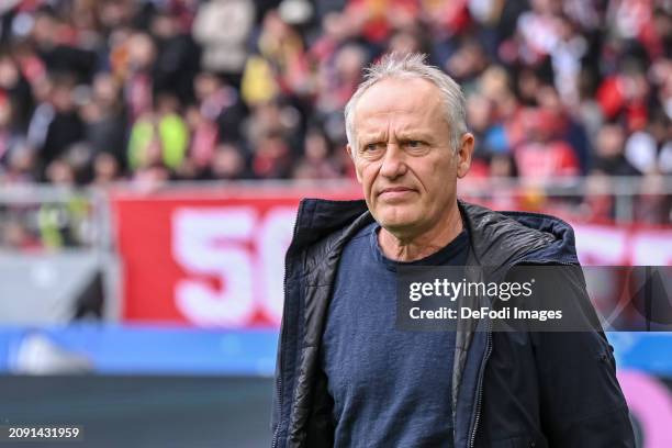 Head coach Christian Streich of SC Freiburg looks on prior to the Bundesliga match between Sport-Club Freiburg and Bayer 04 Leverkusen at Europa-Park...