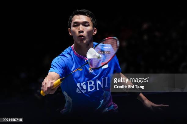 March 17: Jonatan Christie of Indonesia competes in the Men's Singles Final match against Anthony Sinisuka Ginting of Indonesia during day six of the...