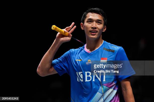 March 17: Jonatan Christie of Indonesia celebrates the victory in the Men's Singles Final match against Anthony Sinisuka Ginting of Indonesia during...