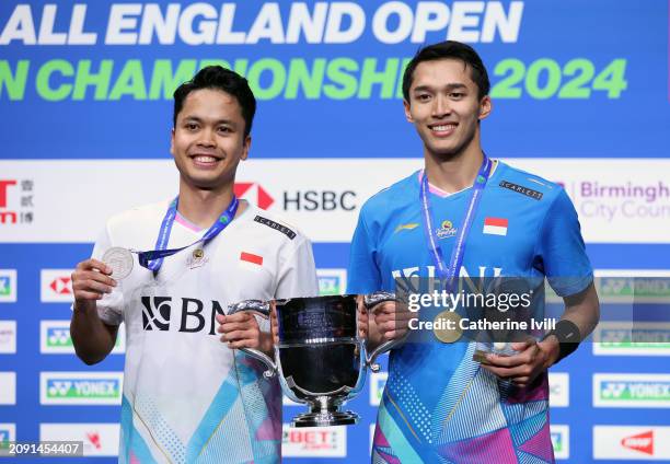 Jonatan Christie of Indonesia celebrates with the trophy and Anthony Sinisuka Ginting of Indonesia after the Men's Singles Final on Day Six of the...