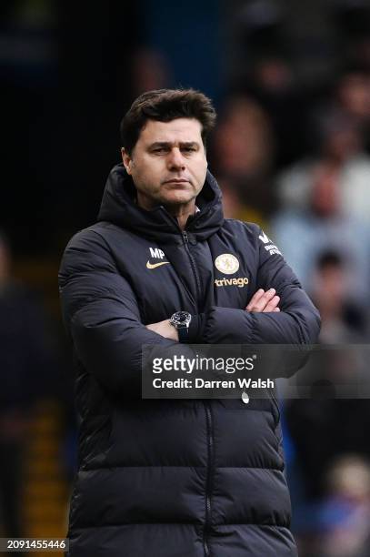 Mauricio Pochettino, Manager of Chelsea, looks on during the Emirates FA Cup Quarter Final between Chelsea FC and Leicester City FC at Stamford...