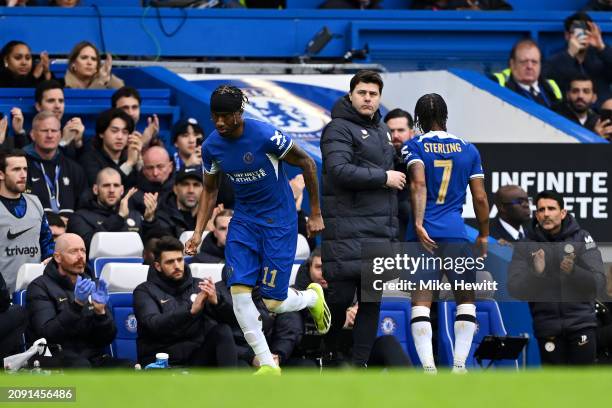 Mauricio Pochettino embraces Raheem Sterling of Chelsea as he is substituted off during the Emirates FA Cup Quarter Final between Chelsea FC and...