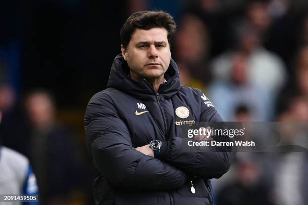 Mauricio Pochettino, Manager of Chelsea, looks on during the Emirates FA Cup Quarter Final between Chelsea FC and Leicester City FC at Stamford...