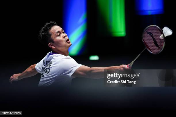 March 17: Anthony Sinisuka Ginting of Indonesia competes in the Men's Singles Final match against Jonatan Christie of Indonesia during day six of the...