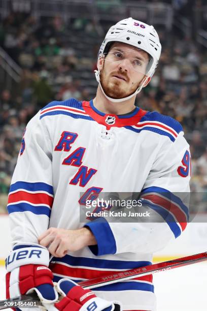 Jack Roslovic of the New York Rangers in between periods against the Pittsburgh Penguins at PPG PAINTS Arena on March 16, 2024 in Pittsburgh,...