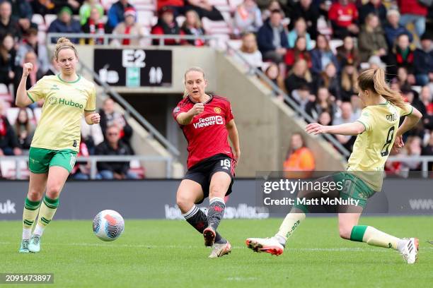 Lisa Naalsund of Manchester United scores her team's first goal during the Barclays Women´s Super League match between Manchester United and Bristol...