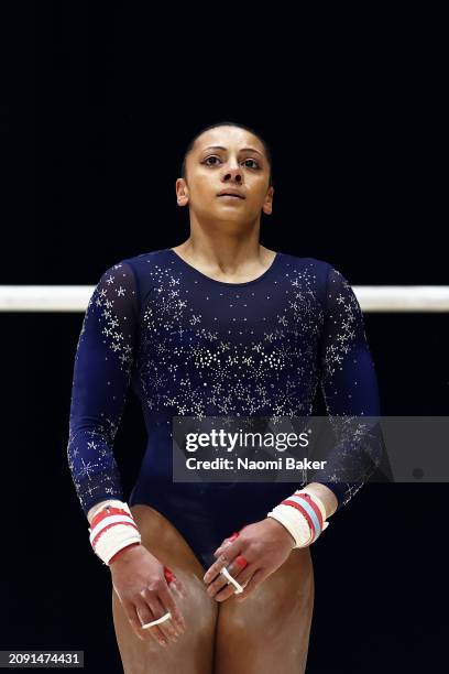 Rebecca Downie MBE of Amber Valley Gym Club reacts after her routine in uneven bars during the Women's Artistic Senior - Apparatus Final on day four...