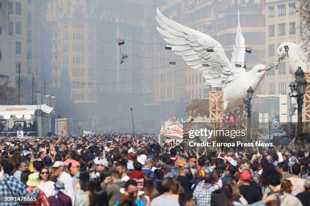 Dozens of people attend the mascleta, at the Valencia City Hall, on 17 March, 2024 in Valencia, Valencian Community, Spain. The falleros monuments...