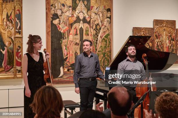 The Trio Orelon Judith Stapf, Marco Sanna, Arnau Rovira i Bascompte perform during Ciutat De Clàssica 2024 at Museu Nacional d'Art de Catalunya on...