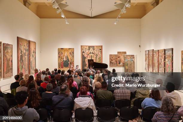 The Trio Orelon Judith Stapf, Marco Sanna, Arnau Rovira i Bascompte perform during Ciutat De Clàssica 2024 at Museu Nacional d'Art de Catalunya on...