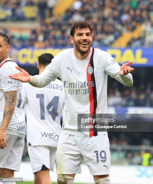 Theo Hernandez of AC Milan celebrates after scoring the goal during the Serie A TIM match between Hellas Verona FC and AC Milan at Stadio Marcantonio...