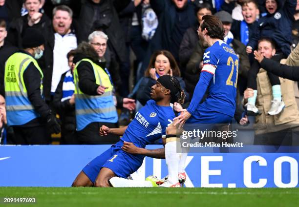 Noni Madueke of Chelsea celebrates scoring his team's fourth goal during the Emirates FA Cup Quarter Final between Chelsea FC and Leicester City FC...