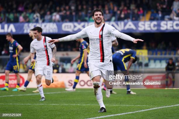 Theo Hernandez of AC Milan celebrates scoring his team's first goal during the Serie A TIM match between Hellas Verona FC and AC Milan at Stadio...