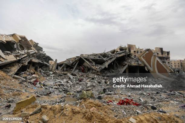 View of damage to homes in Hamad Town after their towers were destroyed by Israeli air strikes on March 17, 2024 in Khan Yunis, Gaza. It is the first...