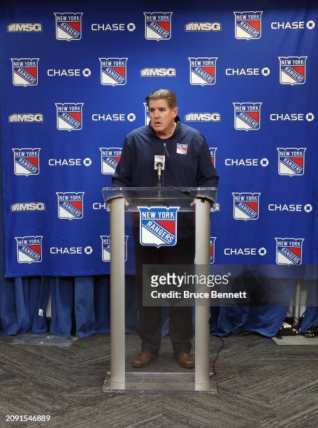 Head coach Peter Laviolette of the New York Rangers speaks with the media prior to the game against the New York Islanders at Madison Square Garden...