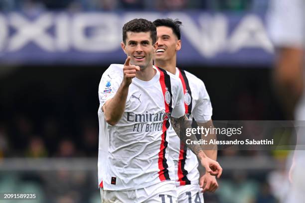 Christian Pulisic of AC Milan celebrates scoring his team's second goal during the Serie A TIM match between Hellas Verona FC and AC Milan at Stadio...