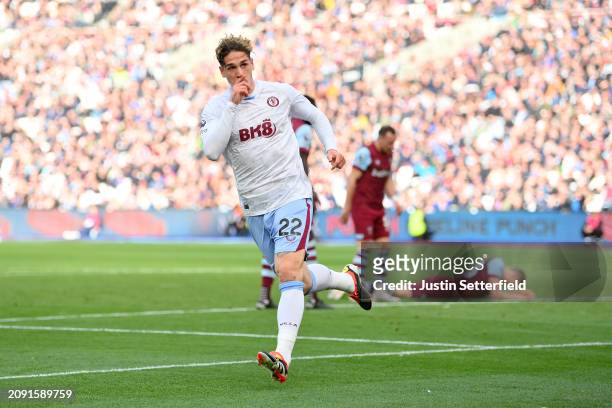 Nicolo Zaniolo of Aston Villa celebrates scoring his team's first goal during the Premier League match between West Ham United and Aston Villa at...