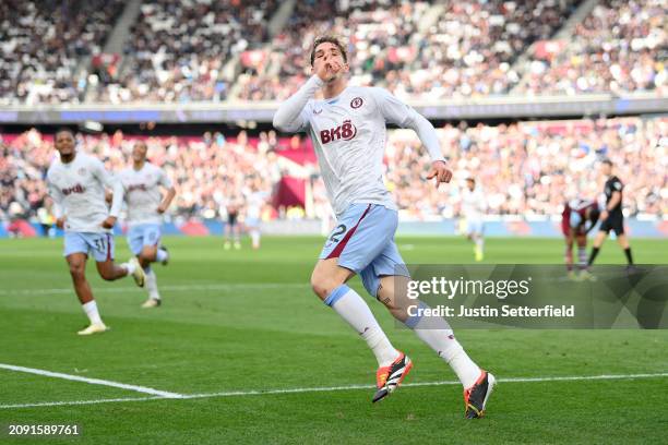 Nicolo Zaniolo of Aston Villa celebrates scoring his team's first goal during the Premier League match between West Ham United and Aston Villa at...