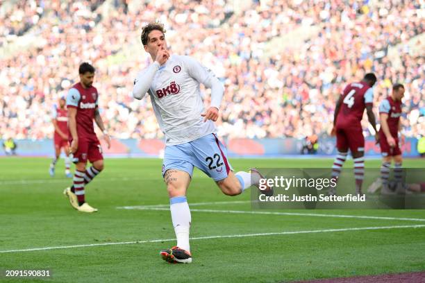 Nicolo Zaniolo of Aston Villa celebrates scoring his team's first goal during the Premier League match between West Ham United and Aston Villa at...