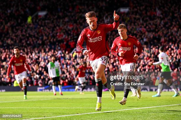 Scott McTominay of Manchester United celebrates scoring his team's first goal during the Emirates FA Cup Quarter Final between Manchester United and...