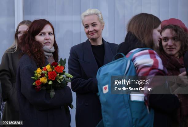 Yulia Navalnaya, widow of late Russian opposition figure Aleksei Navalny, stands in line with thousands of other expatriate Russian citizens waiting...