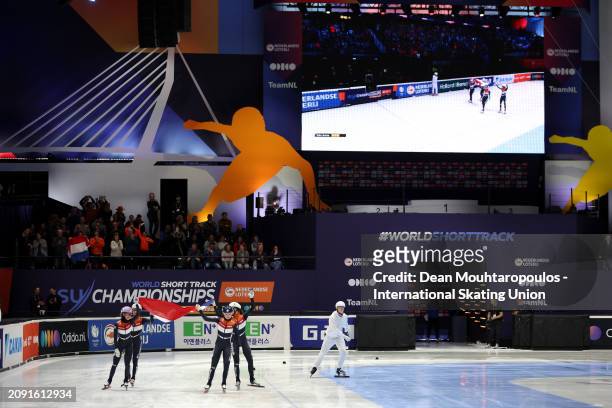 Michelle Velzeboer, Yara Van Kerkhof, Xandra Velzeboer and Selma Poutsma of Netherlands celebrate winning the gold medal after they compete in the...