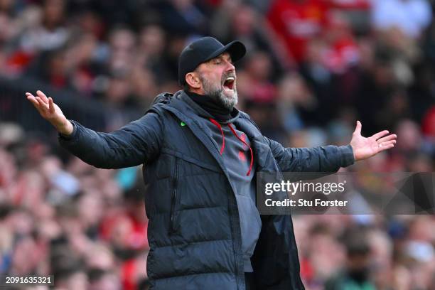 Jurgen Klopp, Manager of Liverpool, reacts during the Emirates FA Cup Quarter Final between Manchester United and Liverpool FC at Old Trafford on...
