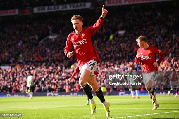 Scott McTominay of Manchester United celebrates scoring his team's first goal during the Emirates FA Cup Quarter Final between Manchester United and...