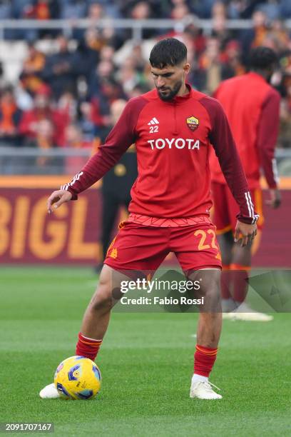 Roma player Houssem Aouar warms-up prior to the Serie A TIM match between AS Roma and US Sassuolo at Stadio Olimpico on March 17, 2024 in Rome, Italy.