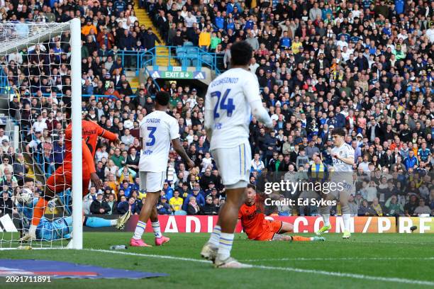 Daniel James of Leeds United scores his team's second goal during the Sky Bet Championship match between Leeds United and Millwall at Elland Road on...