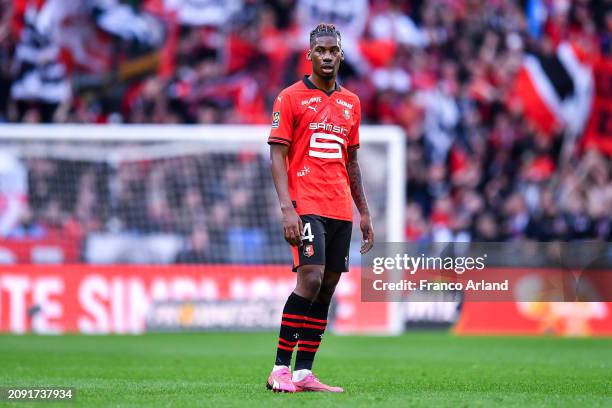 Christopher Wooh of Stade Rennais looks on during the Ligue 1 Uber Eats match between Stade Rennais FC and Olympique de Marseille at Roazhon Park on...