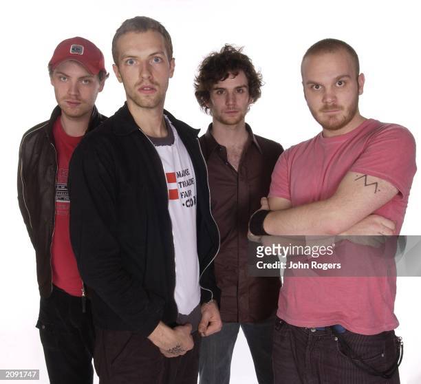 Coldplay backstage at the MTV Europe Music Awards 2002, Paulau Saint Jordi, Barcelona, Spain, November 14, 2002. They were nominated for three awards...