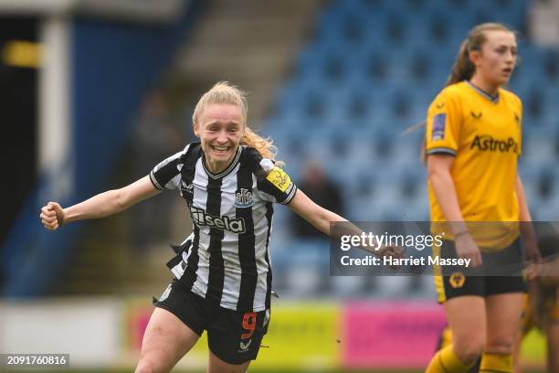 Katie Barker of Newcastle United celebrates scoring the winning goal for her side after being two goals down during the FAWNL Northern Premier...