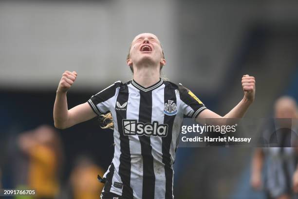 Katie Barker of Newcastle United celebrates scoring the winning goal for her side after being two goals down during the FAWNL Northern Premier...